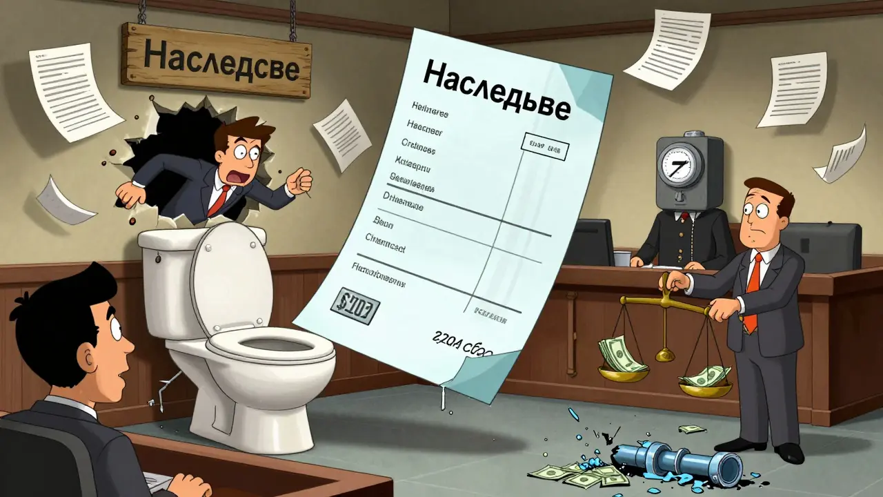 Судебная сцена, где новый собственник платит огромный счет, а бывший владелец убегает.