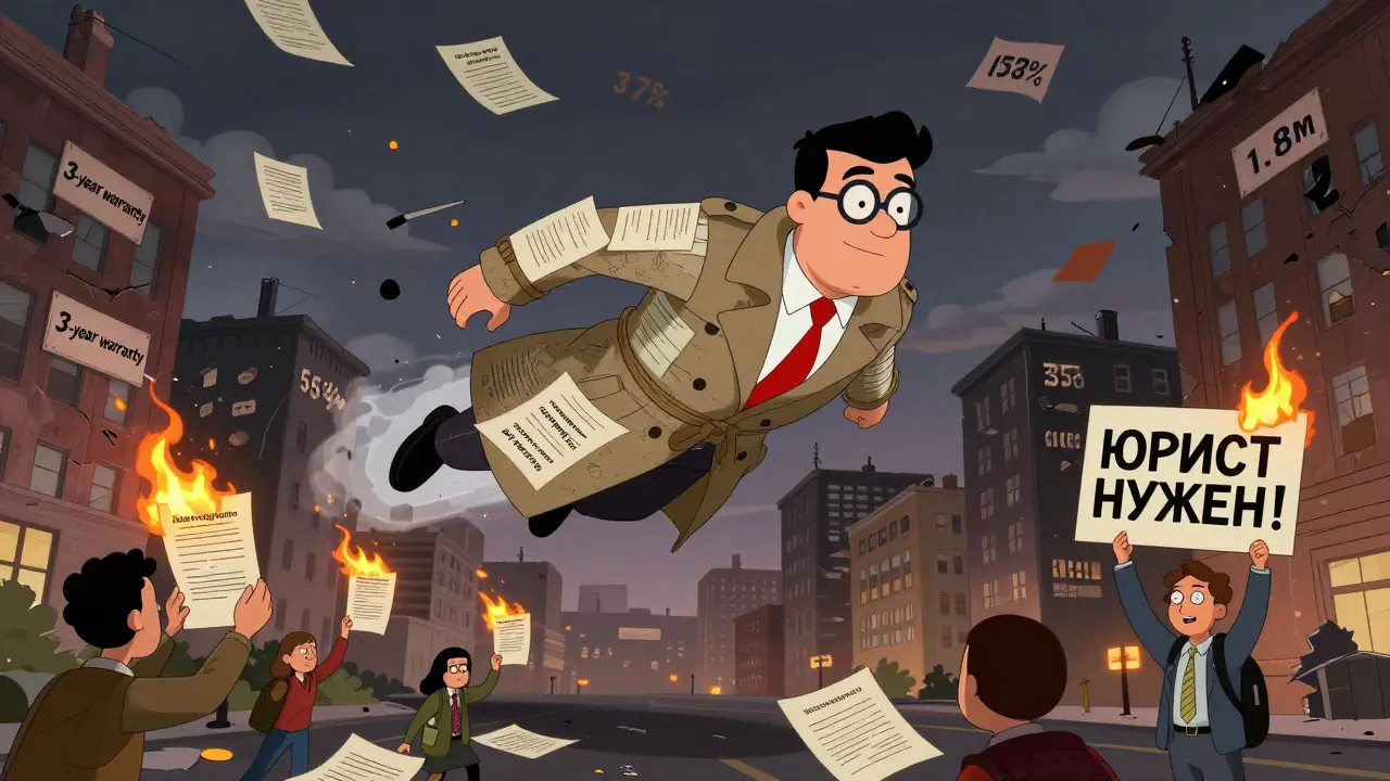 Юрист-супергерой спасает людей от горящих договоров, в небе — цифры нарушений и предупреждения.