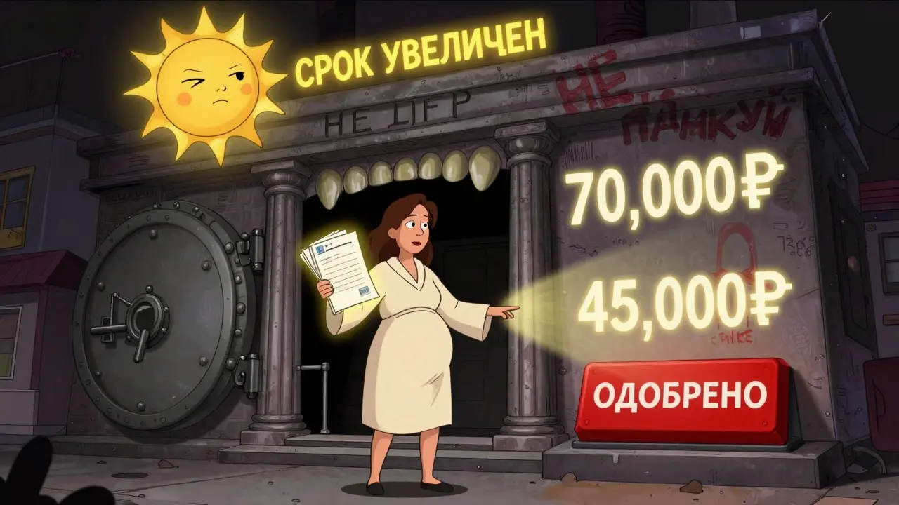 Женщина в декрете толкает кнопку одобрения реструктуризации перед гигантским банком, платежи уменьшаются в воздухе.