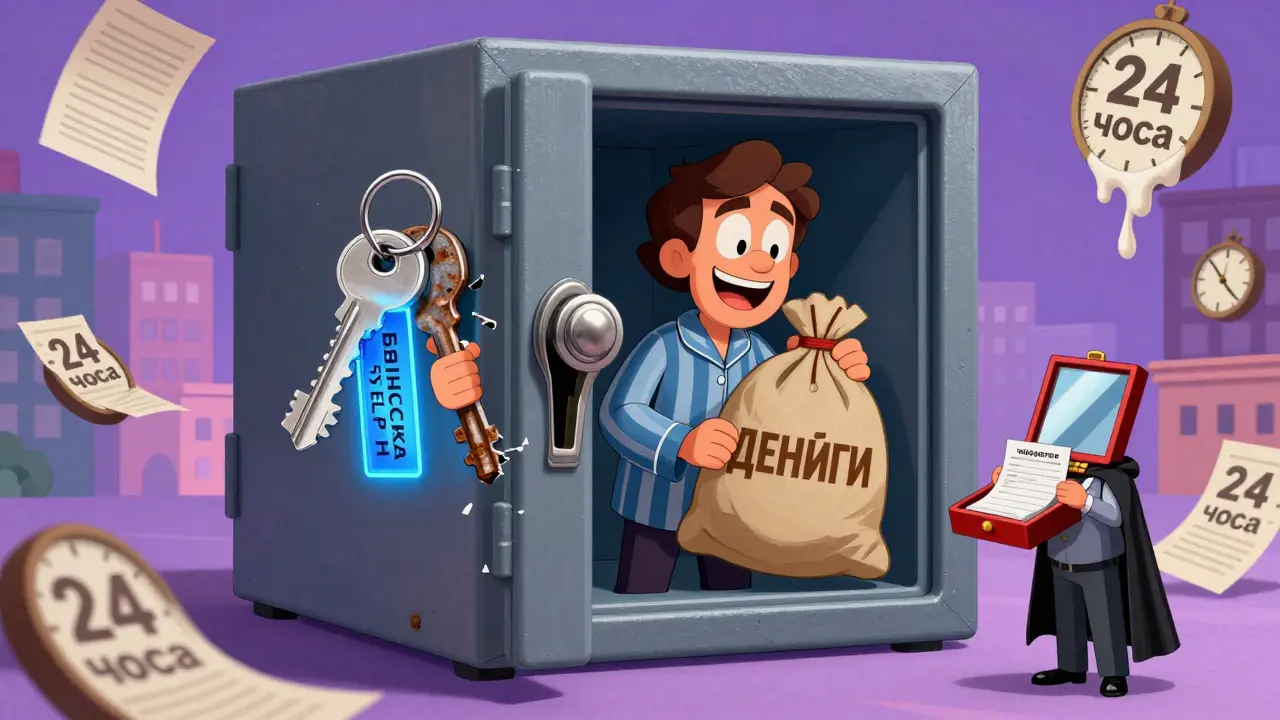 Банковская ячейка с двумя ключами, один из которых открывает доступ только после регистрации.