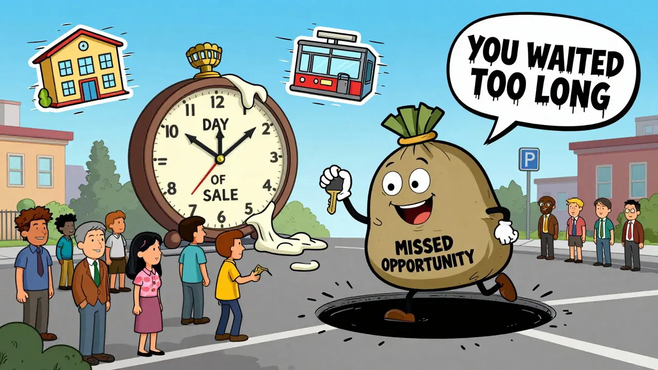 Безумный застройщик с головой из денег раздает ключи, а позади — плавающий часы и знак 'Вы опоздали'.