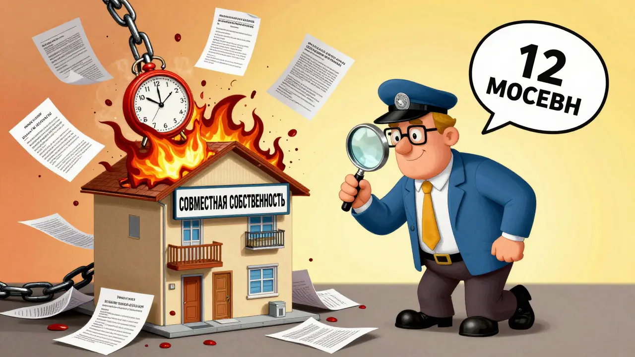 Детектив исследует модель квартиры, а за ним — цепочка мошеннических сделок, горящая бумага.