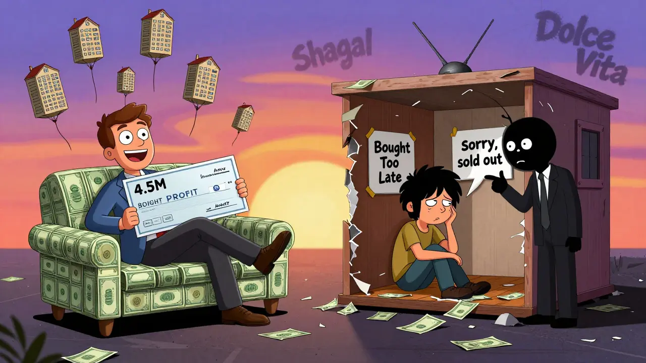 Два мира: слева — инвестор с прибылью, справа — человек в старой квартире, надпись 'Купил слишком поздно'.