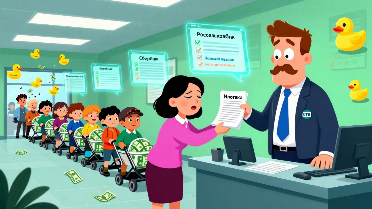 Мать подает документы в банке, вокруг — голографические логотипы банков и улетающие символы ожидания.