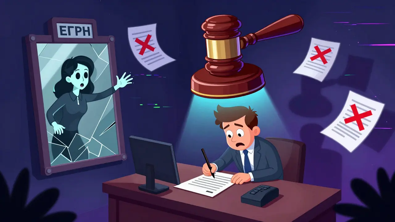 Покупатель подписывает договор под тенью нотариальной печати, за ним — призрак бывшего супруга.