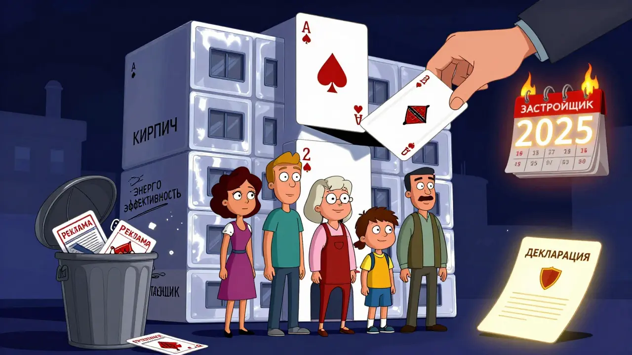 Семья стоит перед домом из карт, одна из которых вытягивается застройщиком, рядом — мусорка с рекламой.