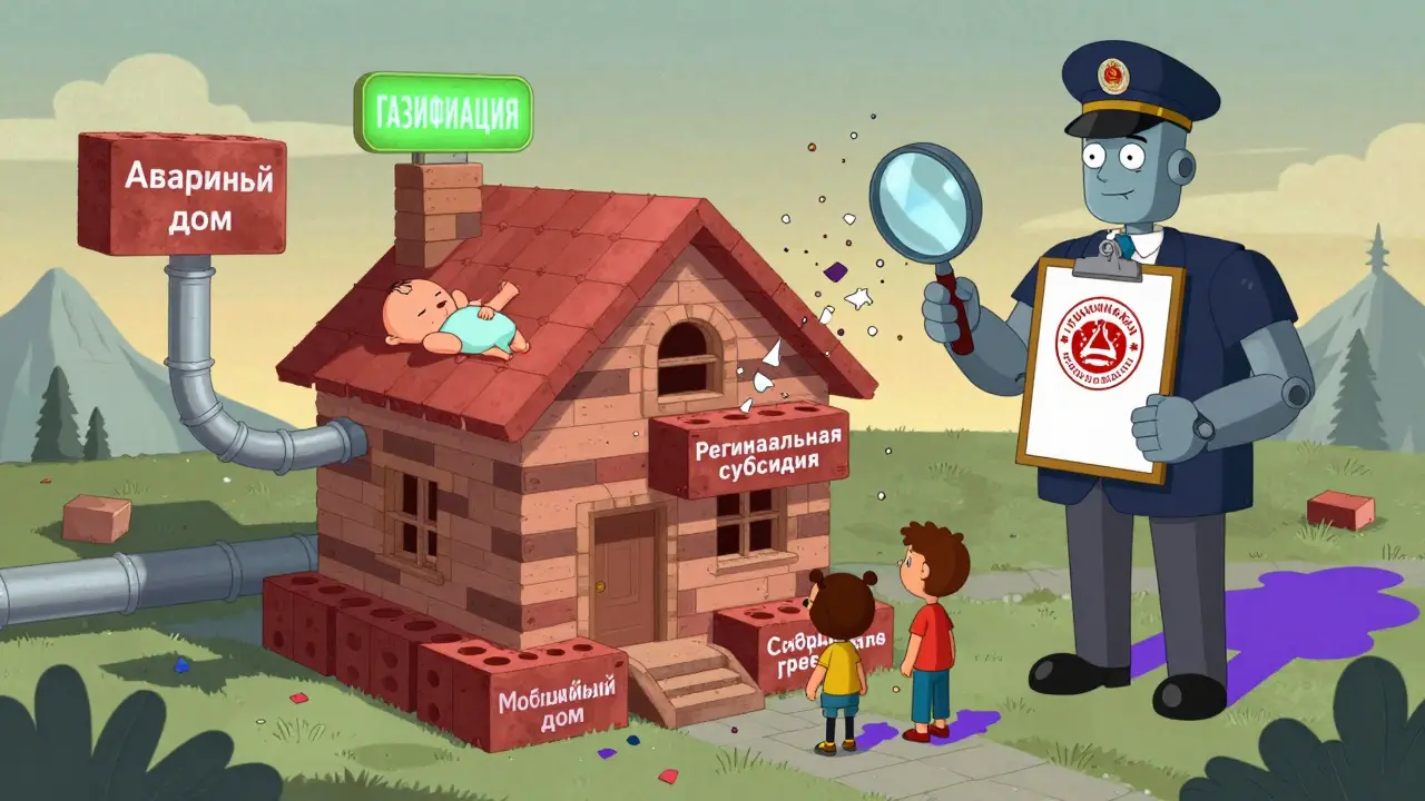Семья строит дом из кирпичей с надписями о субсидиях, над ними — газопровод и проверяющий с клеймом ПФР.