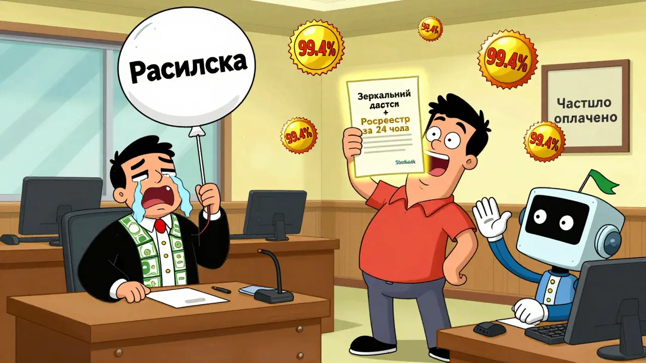 Судебный зал с продавцом, плачущим над баллоном с неверной распиской, и покупателем с успешной сделкой.