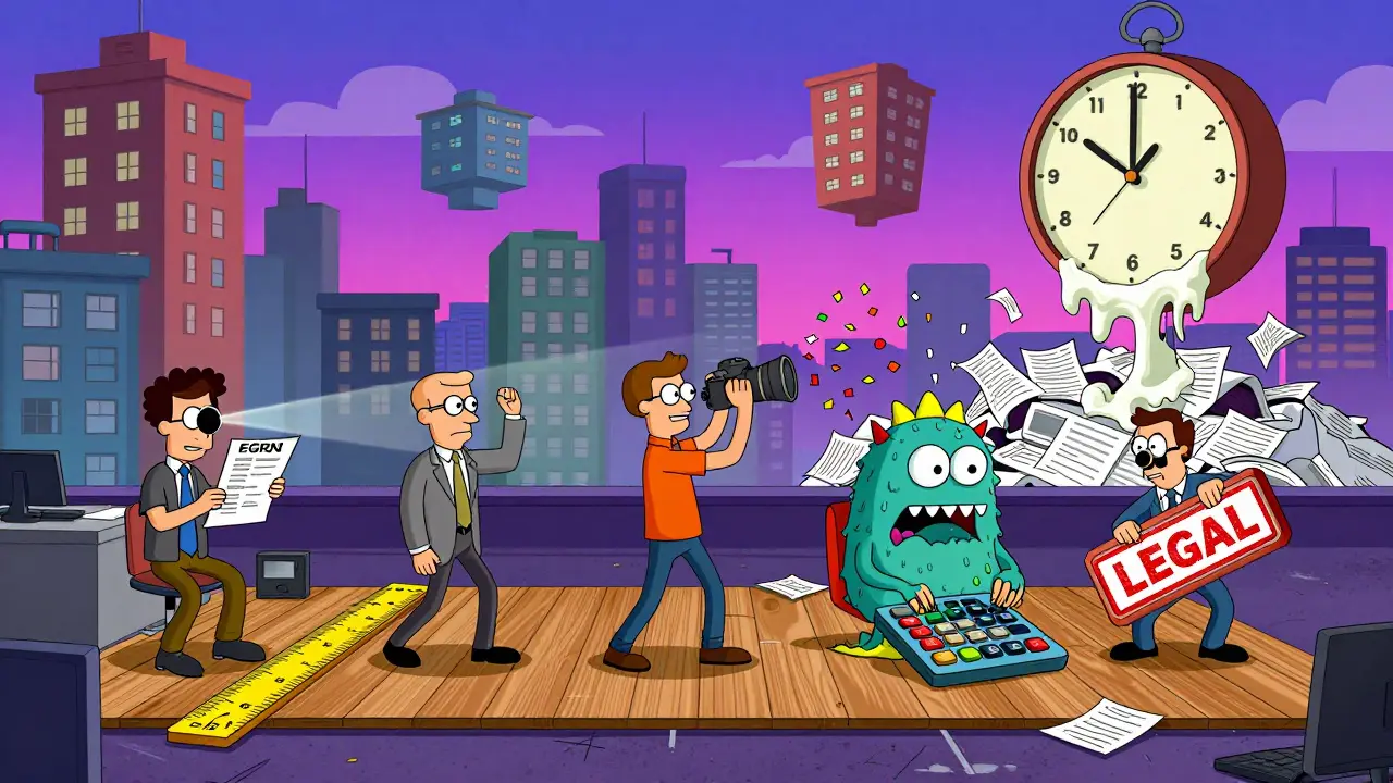 Абсурдная сборочная линия оценки недвижимости с персонажами, измеряющими документы, стены и атмосферу.