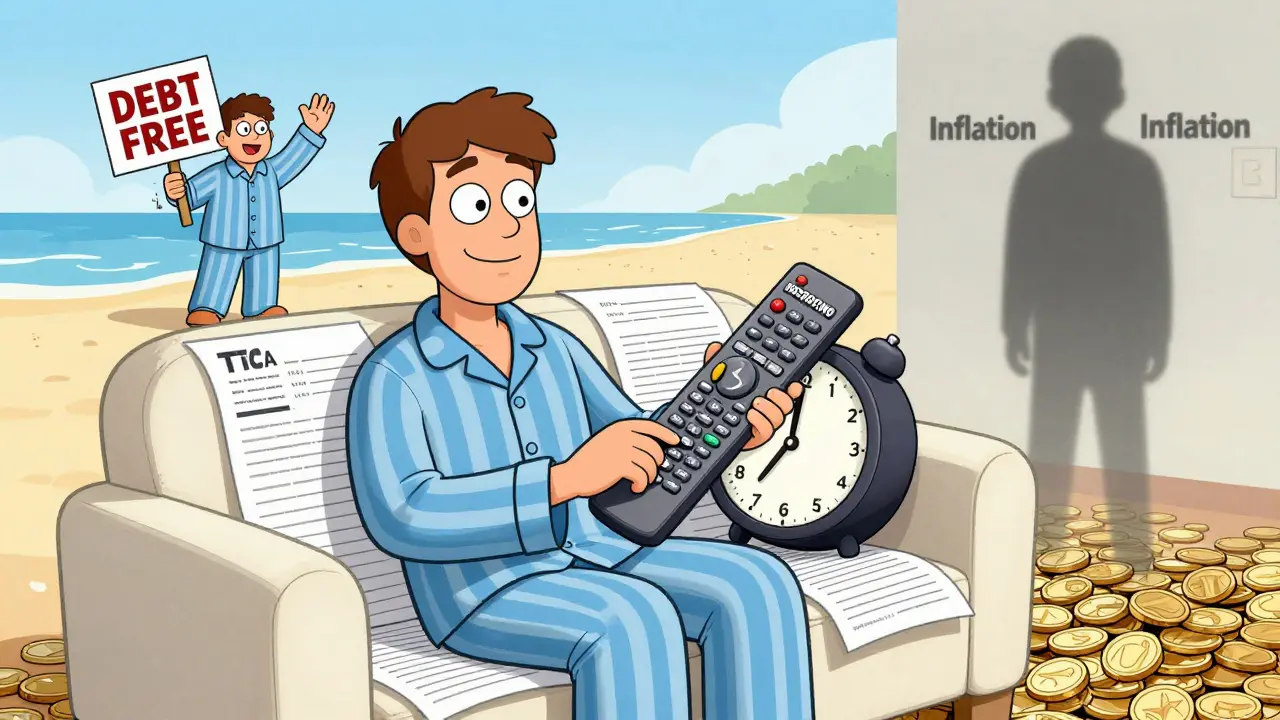 Мужчина с пультом сокращает срок ипотеки, его будущее ярко светится на пляже, а инфляция исчезает.