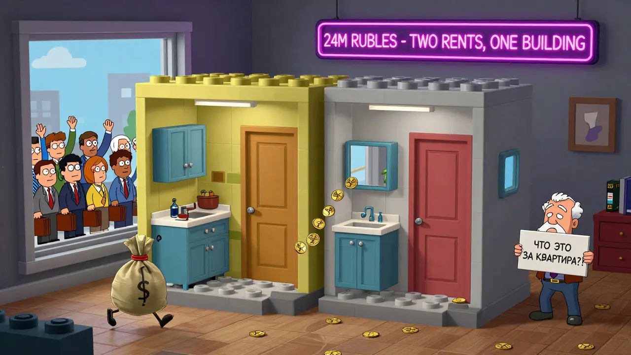 Разделённая квартира на два блока с двумя входами, инвесторы радуются, один человек в замешательстве.