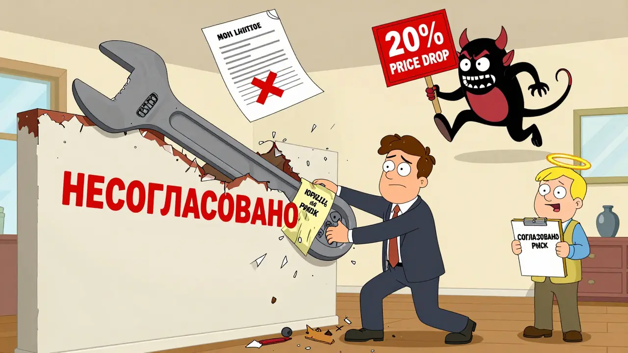 Разрушенная стена с предупреждением 'несогласовано', юрист пытается спасти сделку.