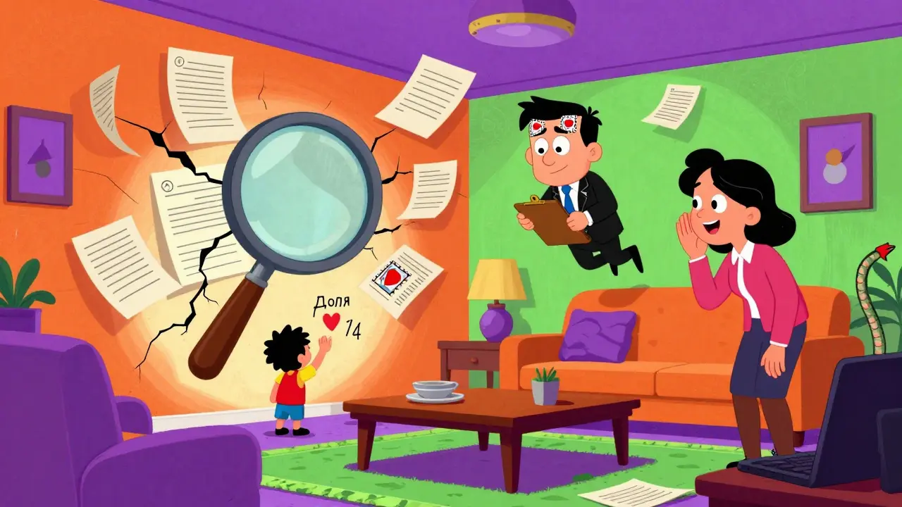В комнате с плавающими документами ребенок рисует долю на стене, а риелтор с змеиным хвостом шепчет ложь матери.